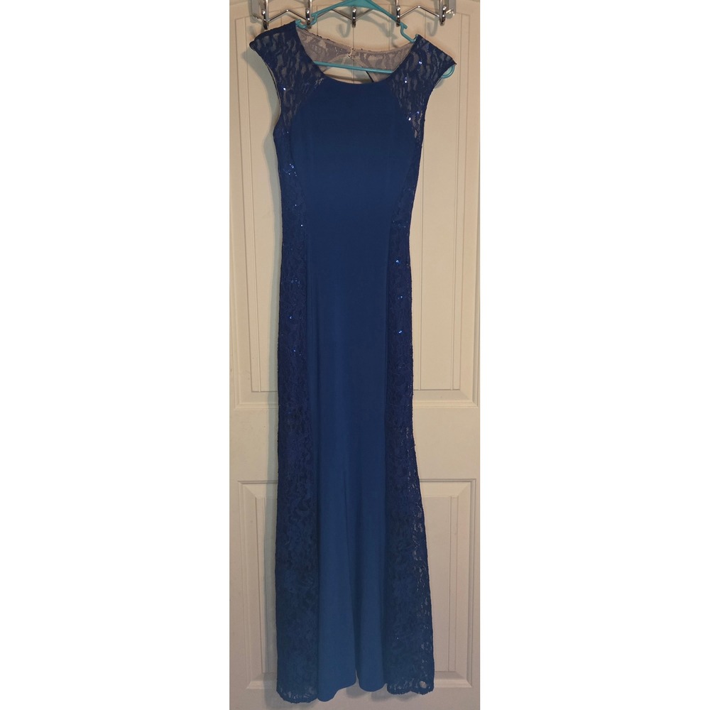 Cindy Collection USA Navy Blue Gown Sequin Lace Illusion Side Panel Size S